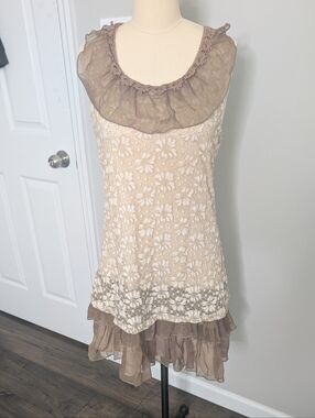 Areve Lace & Ruffle Bohemian Cottagecore Y2k Dress Cream Taupe Size Medium